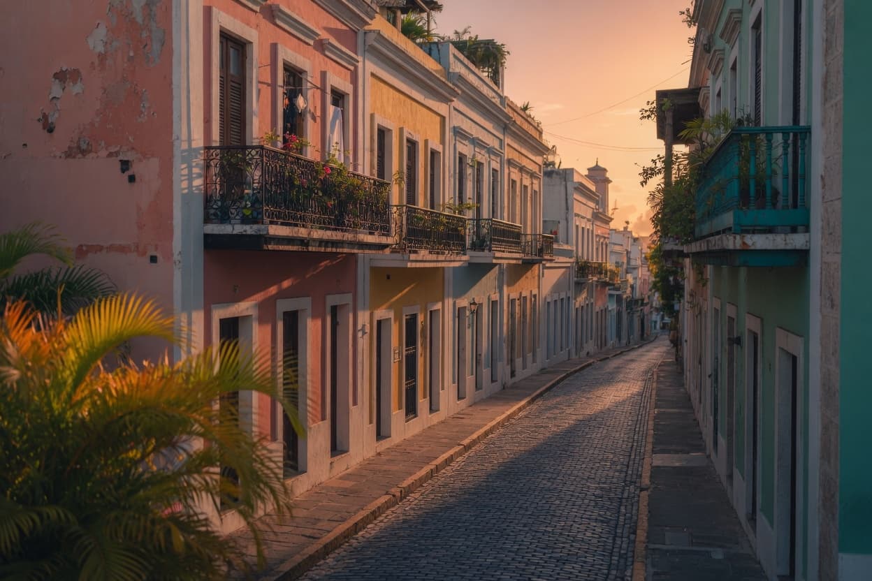 Cobblestone street in Old San Juan at golden hour
